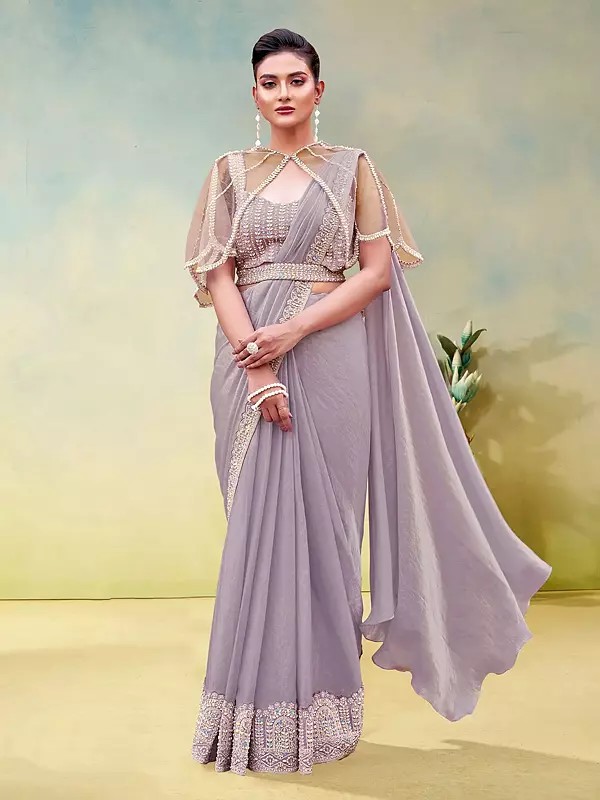 Grand Celebration Two Tone Satin Silk Saree Crafted With Exquisite Sequence Pearl Detailing For Bridal Wedding