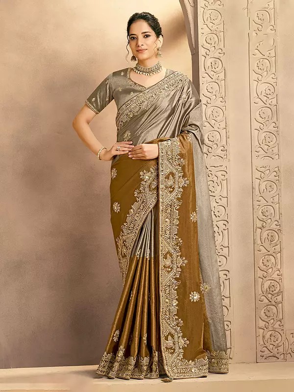 Designer Metallic Kora Zari Silk Saree Featuring Intricate Zardozi And Cutdana Handwork For Wedding Festive And Party Wear