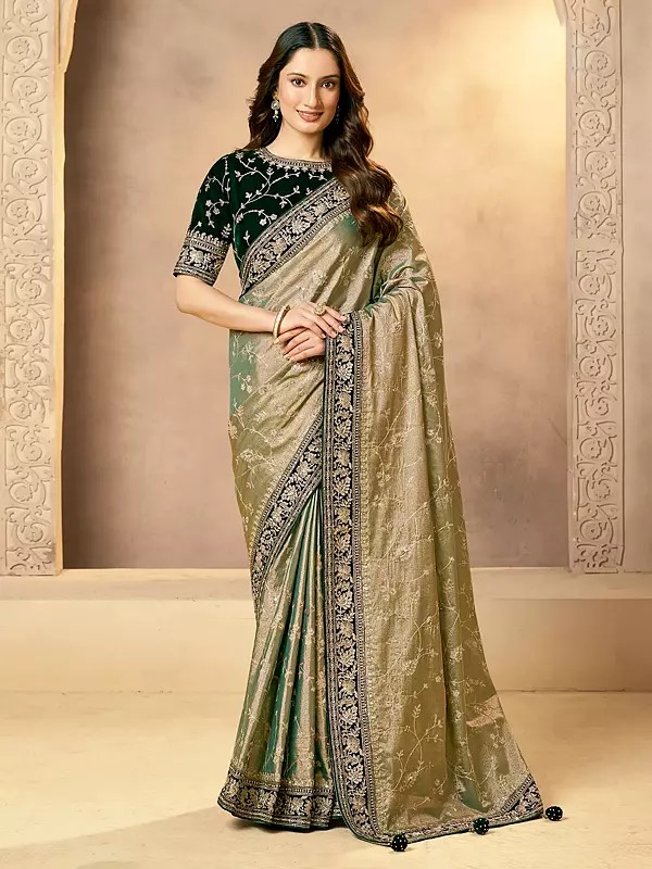 Luxury Kora Zari Tissue Silk Saree With Exquisite Aari Zardozi Handwork And Embroidery Ethnic Wear For Women