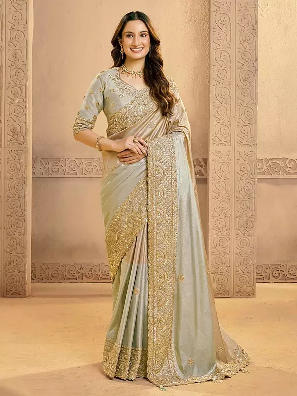 Metallic Kora Zari Silk Saree With Sequins Beads Work And Scalloped Border Elegant Wedding And Festive Wear