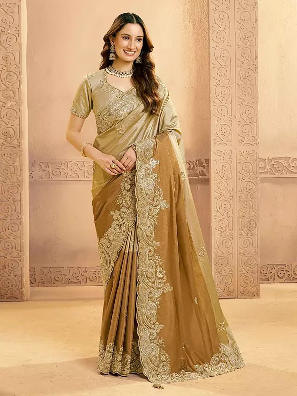 Luxury Bridal Metallic Kora Zari Silk Saree With Handcrafted Sandwich Sequins Beads Work And Scallops Border For Celebrations