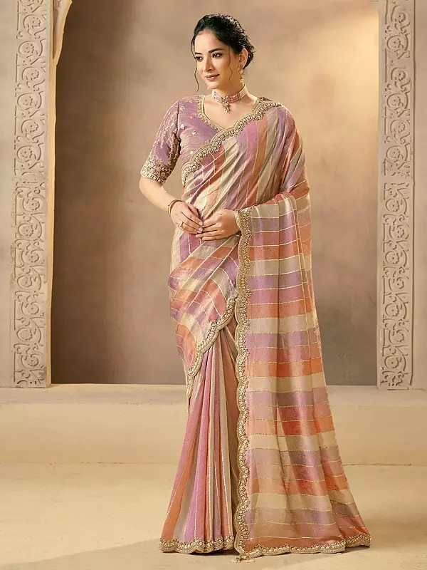 Handwoven Banarasi Tissue Saree With Pearl And Beads Embellishment Scalloped Border Traditional Designer Saree For Wedding