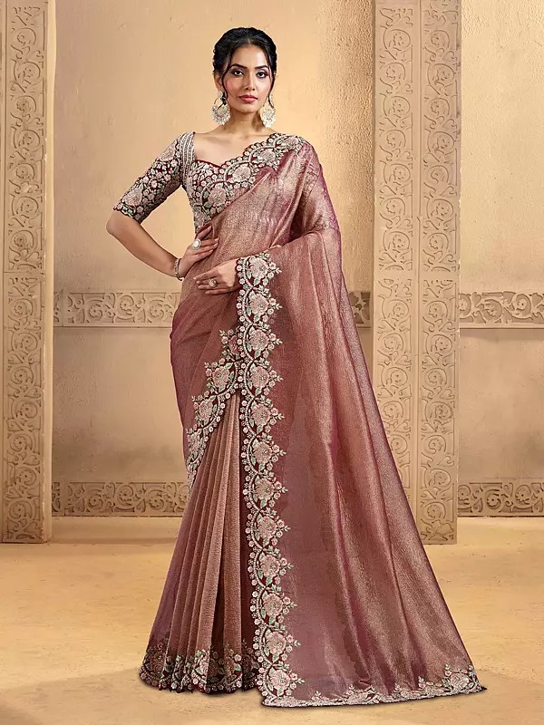 Pure Banarasi Crush Saree With Sequin And Moti Work Traditional Designer Saree For Wedding Festive And Party Wear