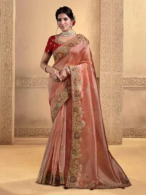 Pure Twill Tissue Saree With Pure Khatli Work And Sequin Traditional Designer Saree For Wedding Festive And Bridal Wear