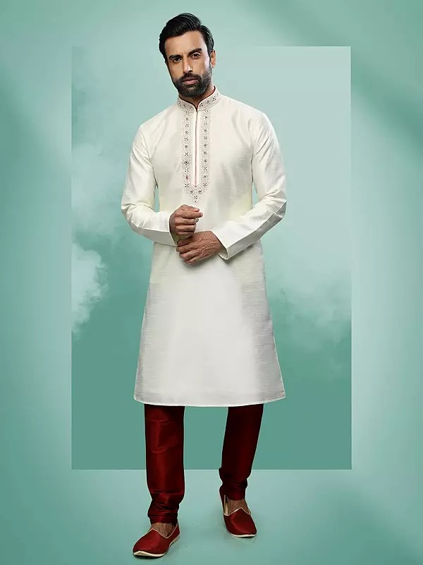 Men’s Festive Wear Cotton and Art Silk Kurta Pajama Set with Embroidered Neck for Festive Occasion
