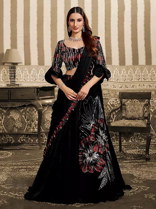 Heavy Embellished Lehenga Choli Made From Velvet Satin With Intricate Triple Sequins And Beads Work For Wedding Wear