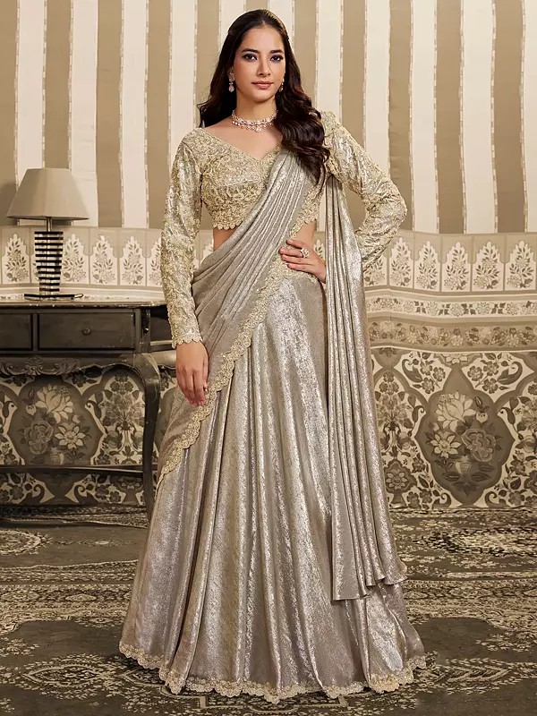 Traditional Festive Lehenga Choli Designed In Foil Satin With Detailed Beads Sequins Highlighted Aari Work