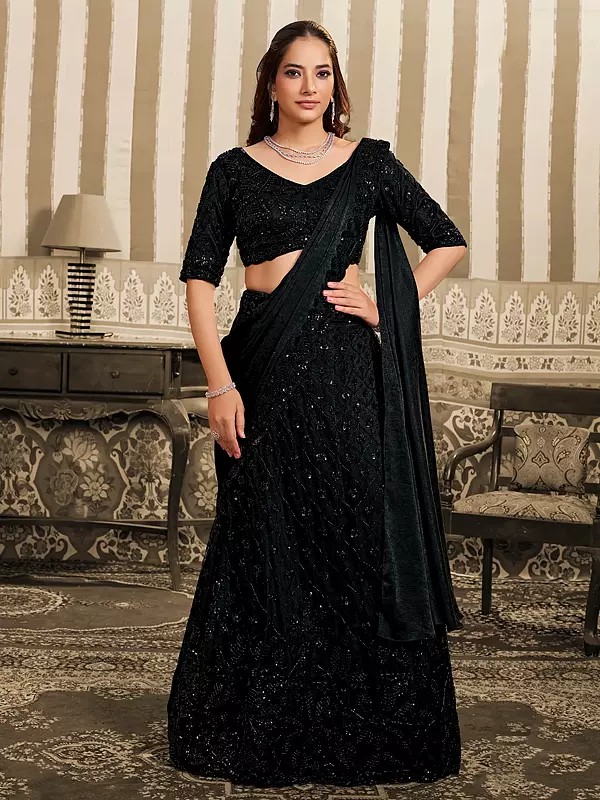 Premium Designer Party Wear Lehenga Choli Crafted Using Foil Satin With Intricate Beads And Sequins Work