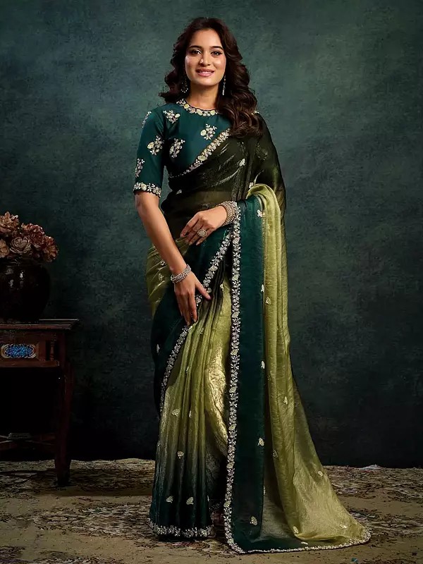 Two Tone Satin Silk Saree With Sequins Embroidery Multi Stone And Handwork Designer Party Wear Saree For Women