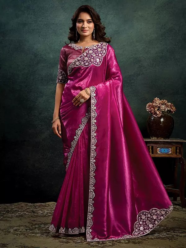 Crush Satin Silk Saree With Dual Sequins Embroidery Pearl Stone And Handwork Designer Party Wear Saree For Women