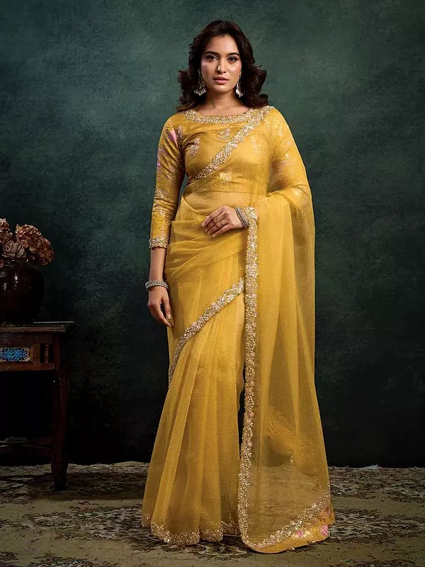 Crush Organza Silk Saree With Dual Sequins Embroidery Pearl Stone And Handwork Designer Party Wear Saree For Women