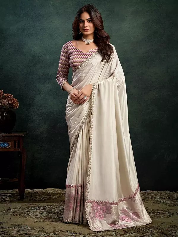 Uppada Silk Saree With Dual Sequins Embroidery Pearl Stone And Handwork Designer Party Wear Saree For Women