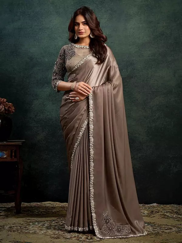 Elegant Wedding Soft Satin Saree With Dual Sequins Embroidery Stone And Applique Work Premium Designer Saree For Women