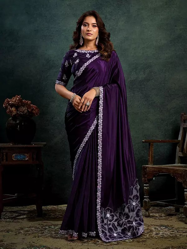 Premium Wedding Satin Silk Saree With Dual Sequins Embroidery Pearl And Applique Work Elegant Party Wear Saree For Women