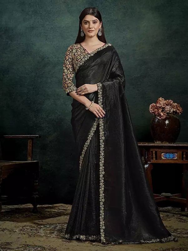 Designer Crush Paper Silk Saree With Elegant Moti Handwork Beautiful Traditional Craft For Women Party And Festive Wear
