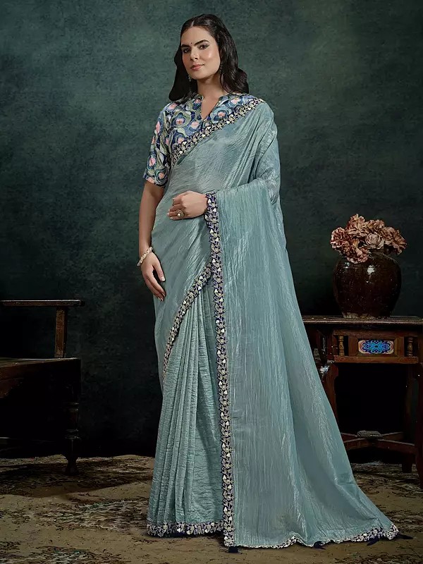 Beautifully Handcrafted Paper Silk Pleat Saree With Elegant Moti Handwork Perfect For Women Special Occasion Party And Festive Wear