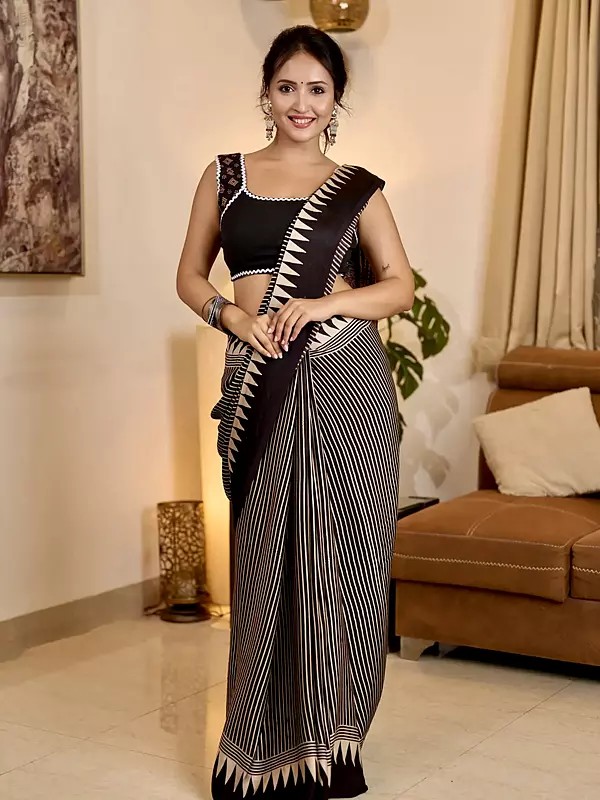 Original Semi Gajji Silk Saree with Digital Printed Border and Ajrakh Rich Pallu & Contrast Blouse