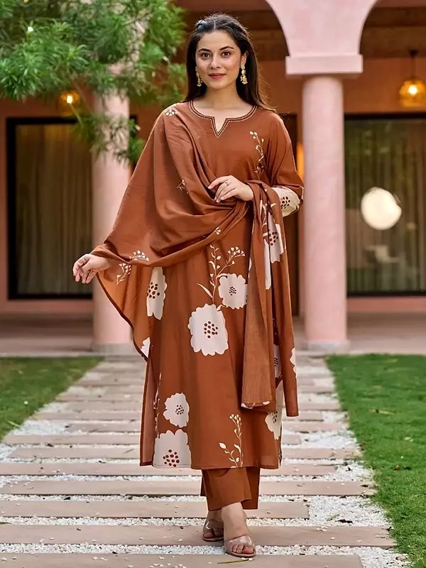 Brown Ethnic Wear Pure Muslin Printed Kurti Set with Dupatta for Women