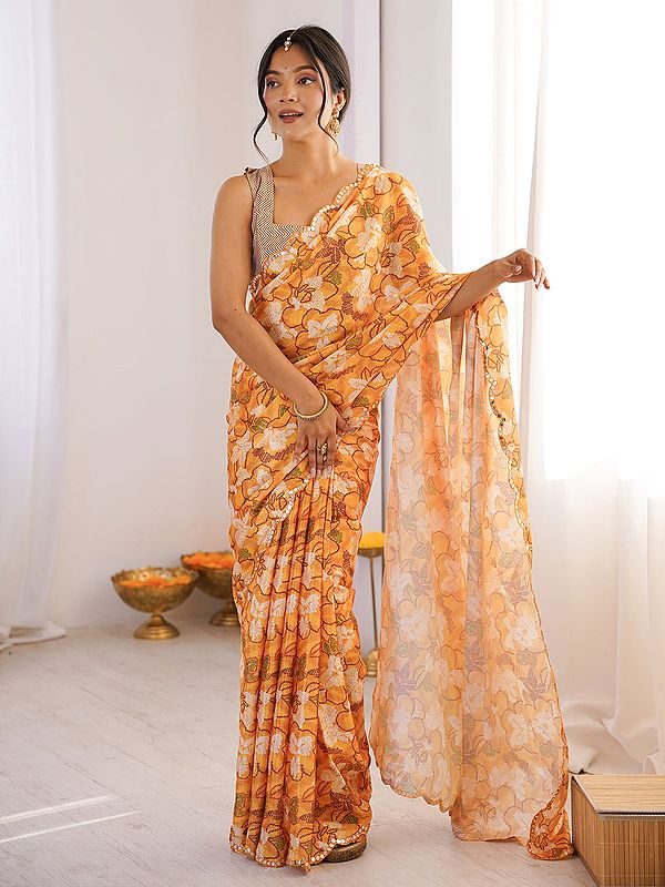 Designer Chinon Saree With Digital Print And Mirror Cut Work Elegant Festive Party Wear Traditional Saree For Women
