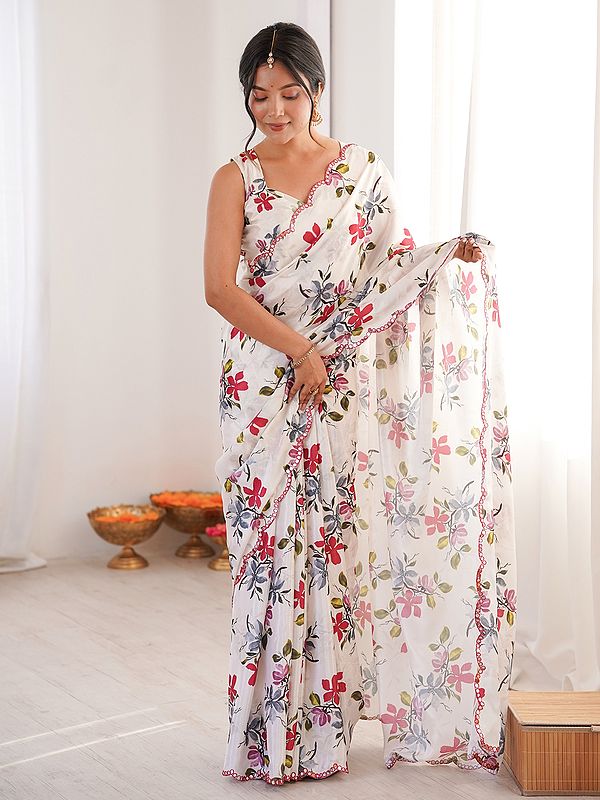 Elegant Chinon Saree With Soft Digital Print And Mirror Cut Work Perfect Choice For Festive Wear Party Styling
