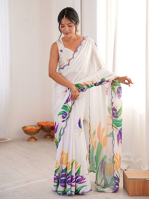 Chinon Saree With Floral Digital Print And Mirror Cut Work Ideal For Special Occasions And Festive Celebrations