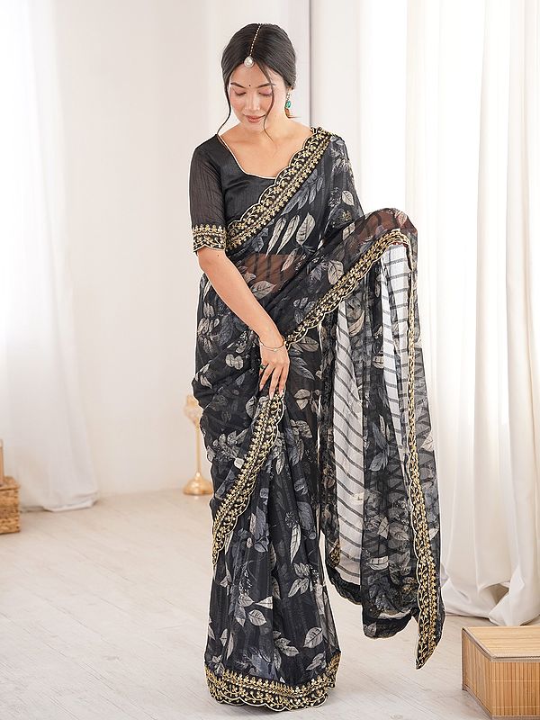 Elegant Marble Patta Saree With Designer Printed Embroidery Work And Gold Border Perfect For Weddings And Special Occasions