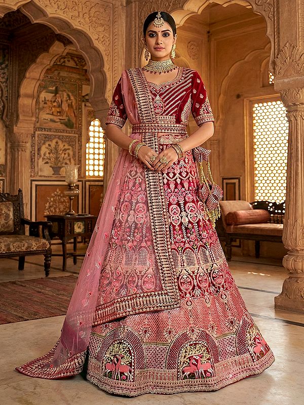 Grand Velvet Lehenga Choli With Heavy Embroidery Zari Work And Beautiful Dupatta Perfect For Bridal And Royal Weddings