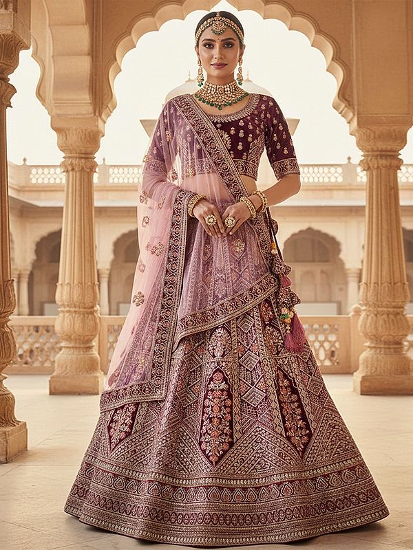 Elegant Velvet Lehenga Choli With Thread And Handwork Embroidery Stunning Dupatta For Bridal And Special Occasions