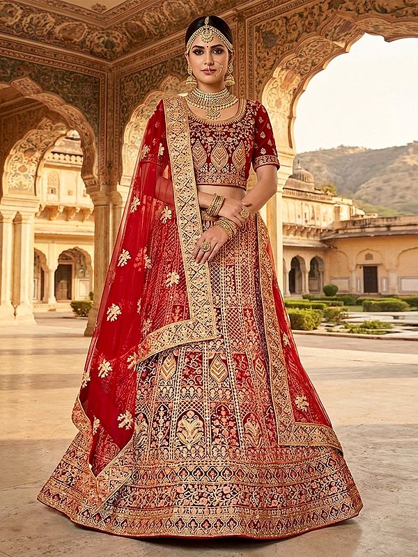 Stunning Velvet Lehenga Choli With Thread And Handwork Embroidery Beautiful Dupatta For Bridal And Wedding Celebrations