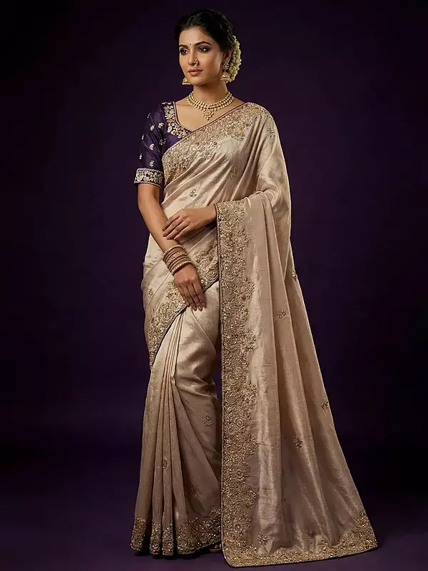 Festive Wear Designer Saree Crafted in Zari Tissue Silk with Sequins Embroidery Swarovski and Pearl Embellishment