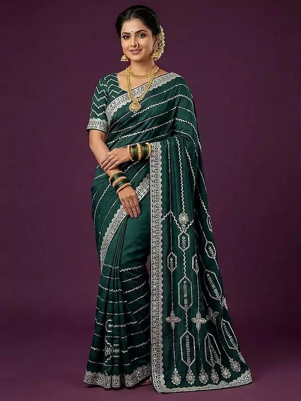 Premium Satin Silk Saree with Detailed Aari Embroidery Pearl and Stone Embellishment for Elegant Traditional Wear