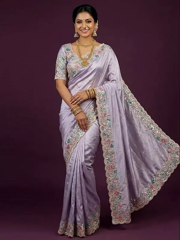 Premium Tissue Silk Saree with Rich Multi Sequins Embroidery and Pearl Embellishment Crafted for Grand Party Wear