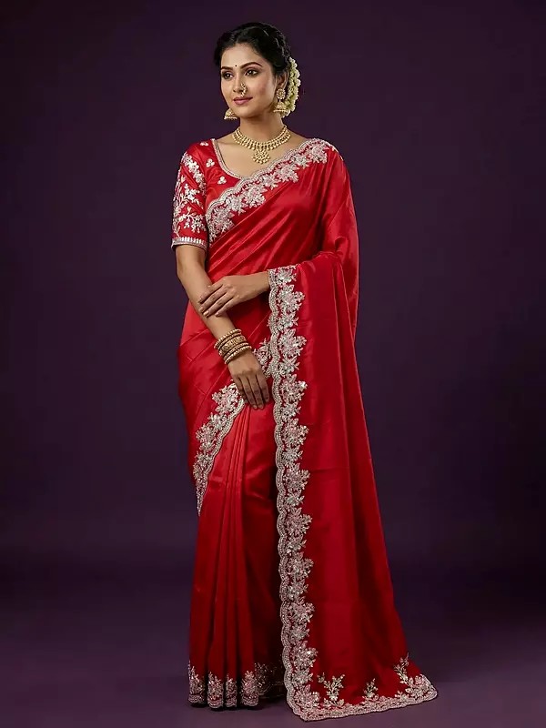 Soft Satin Silk Saree with Multi Aari Sequin Embroidery and Stone Embellishment Crafted for Rich Party Wear Wedding and Festive Looks