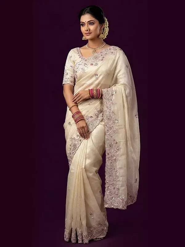 Zari Tissue Silk Saree with Dual Sequins Aari and Zardozi Handwork Crafted for Rich Wedding Party Wear and Festive Occasions