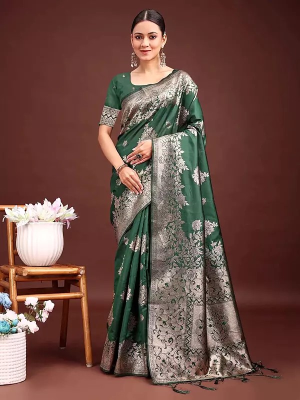 Ethnic Floral Buta Classic Banarasi Silk Saree with Heavy Pallu Design and Latkan