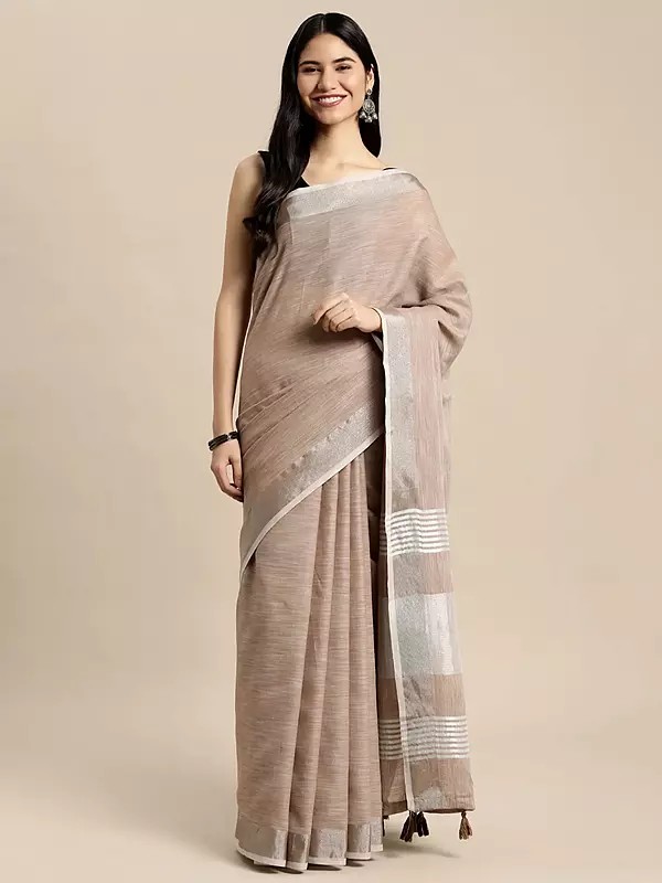 Traditional Linen Cotton Woven Zari Worked Saree with Tassel Pallu for Women