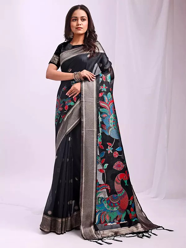 Linen Cotton Saree with Peacock Motifs Pallu and Tassels for Festive Occasion