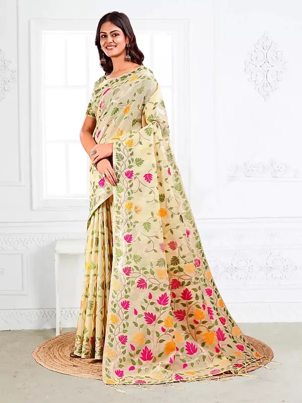 Floral Motifs Linen Cotton Saree with Tassels Pallu and Vine Border for Occasions