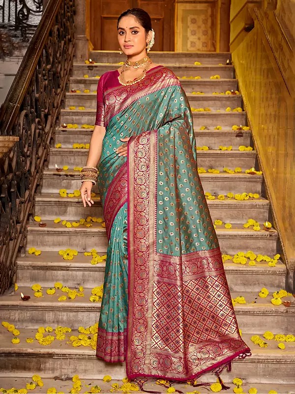 Royal Floral Buti Design Banarasi Silk Saree with Elegant Border and Designer Pallu