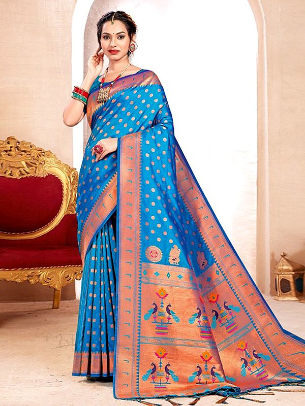 Elegant Paithani Silk Saree with Peacock Motifs and Rich Contrast Zari Pallu