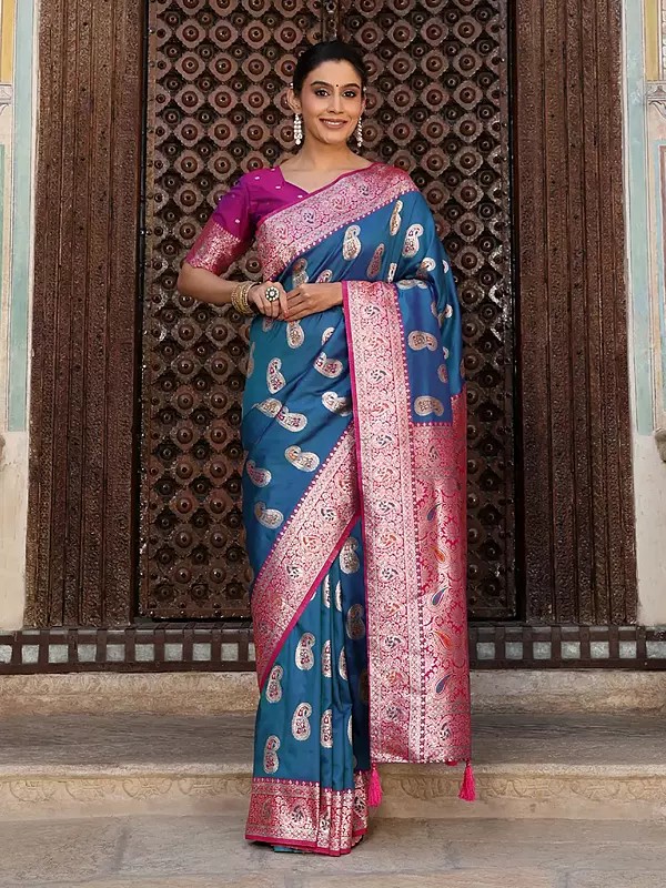 Festive Wear Paisley Motif Silk Saree with Rich Pallu and Floral Border