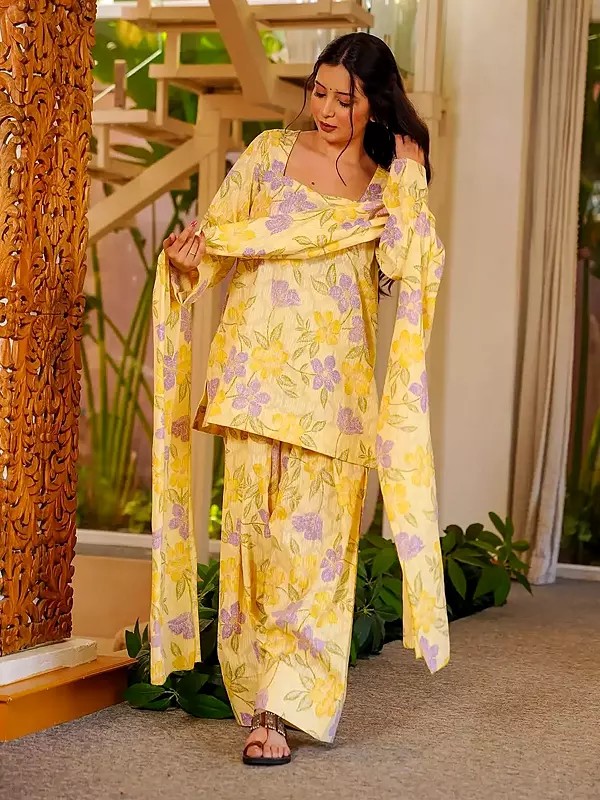 Floral Motif Cambric Cotton Suit Set - Yellow with Square Neck & Dupatta
