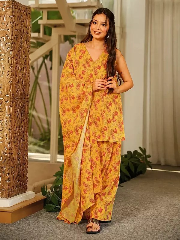 Mustard Yellow Cambric Cotton Suit Set with Floral Print and Dupatta