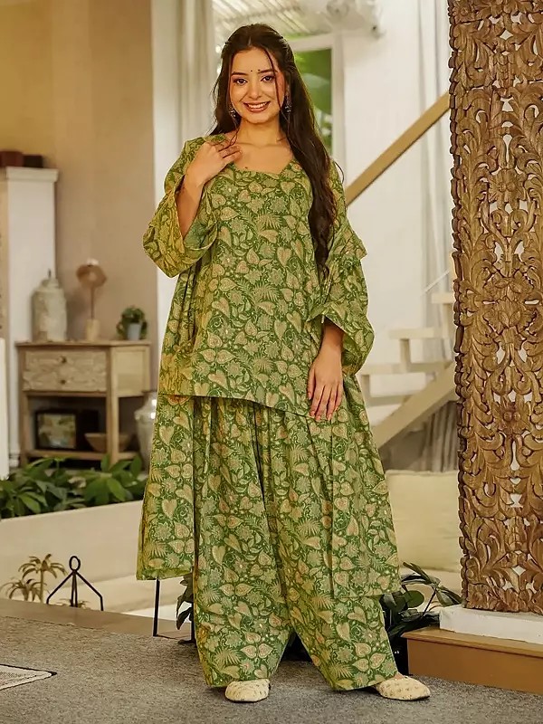 Green Printed Cambric Cotton Salwar Suit Set with Elegant Dupatta for Women