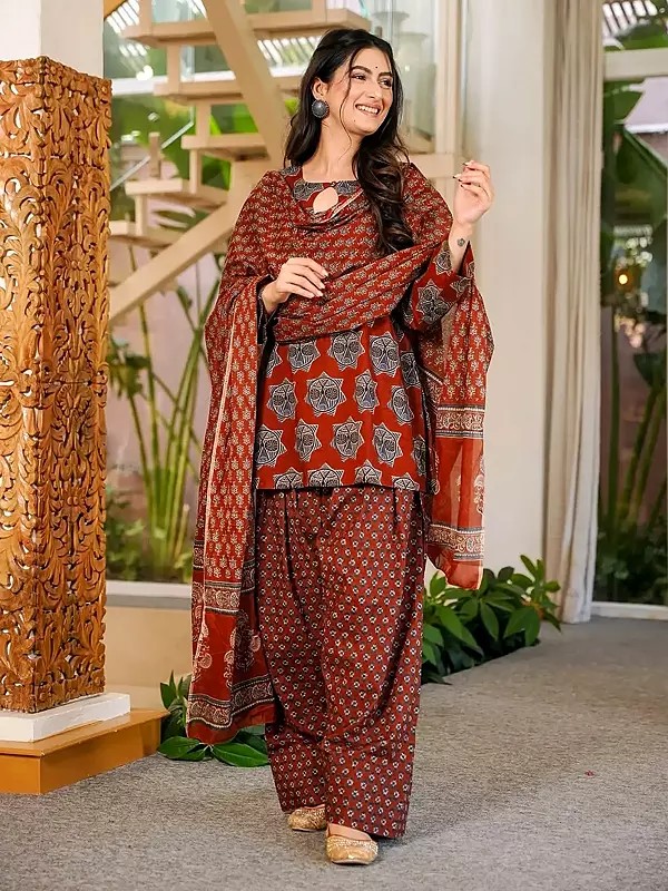 Floral Print Cotton Suit Set with Dupatta in Rich Maroon