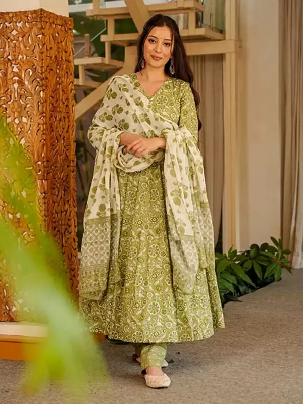 Olive-Green Digital Print Cotton Silk Anarkali Kurta Set with Dupatta