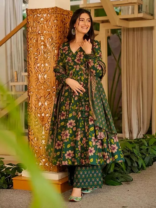 Cotton Silk Anarkali Kurta Set with Heavy Floral Print and Matching Dupatta