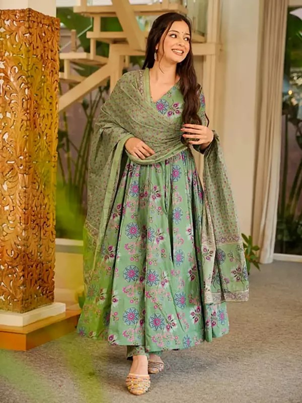 Green Cotton Silk Anarkali Kurta Set with Floral Digital Print and Matching Dupatta