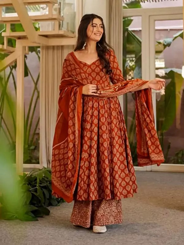 Anarkali Style Cotton Silk Kurta with Digital Print, Bottom, and Dupatta