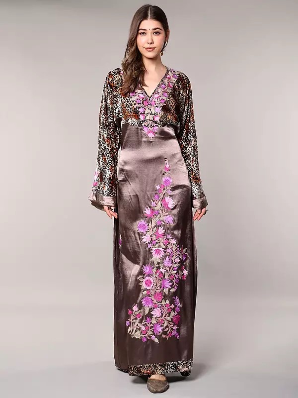 Kashmiri Aari Embroidered Floral Vine Taupe-Gray V-Neck Gown